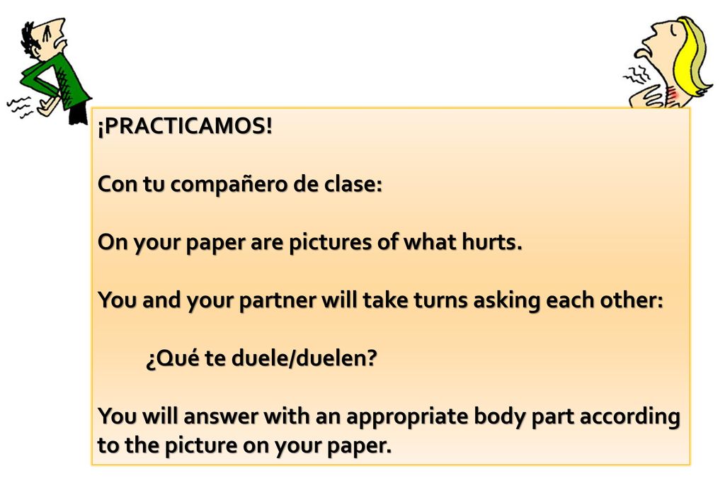 ¡PRACTICAMOS! Con tu compañero de clase: On your paper are pictures of what hurts. You and your partner will take turns asking each other: