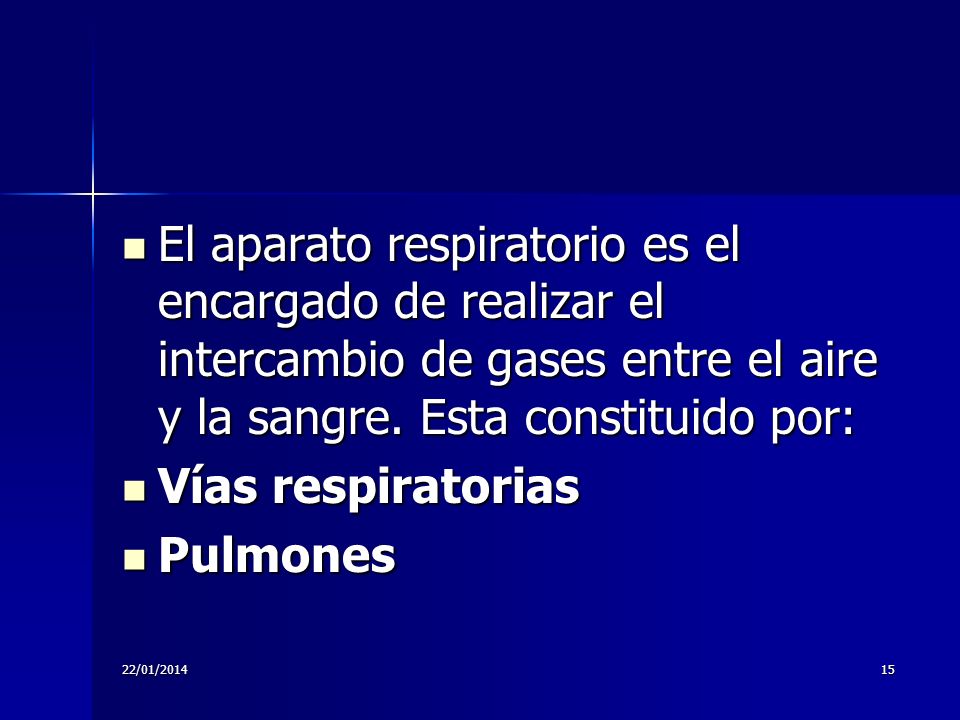 El aparato respiratorio es el encargado de realizar el intercambio de gases entre el aire y la sangre. Esta constituido por:
