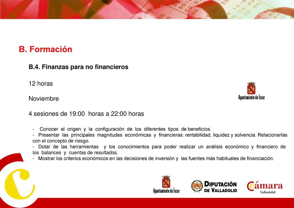 B. Formación B.4. Finanzas para no financieros 12 horas Noviembre