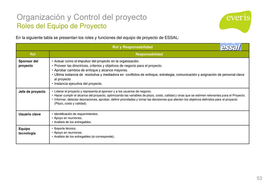 Organización y Control del proyecto Roles del Equipo de Proyecto