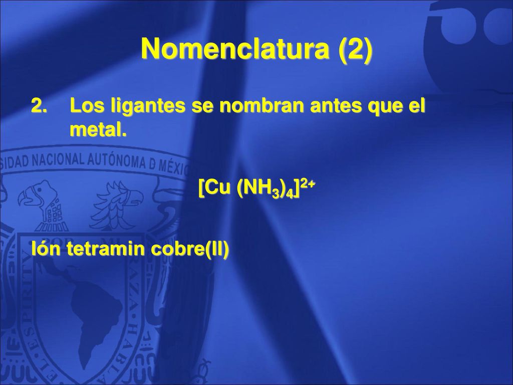 Nomenclatura (2) Los ligantes se nombran antes que el metal.