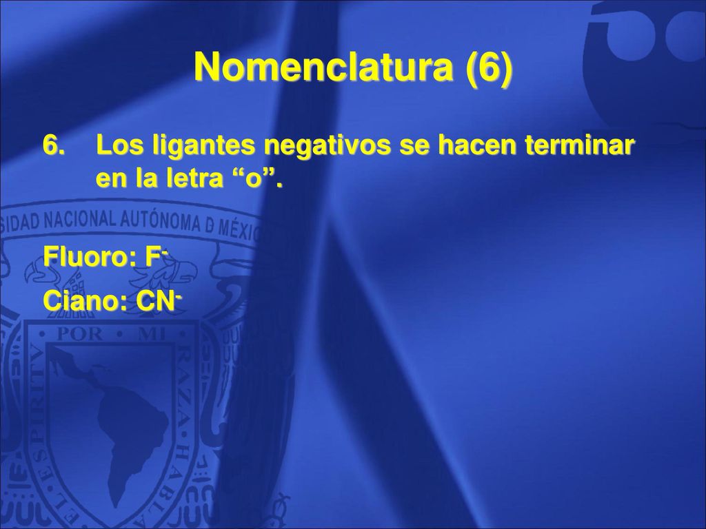 Nomenclatura (6) Los ligantes negativos se hacen terminar en la letra o . Fluoro: F- Ciano: CN- 25