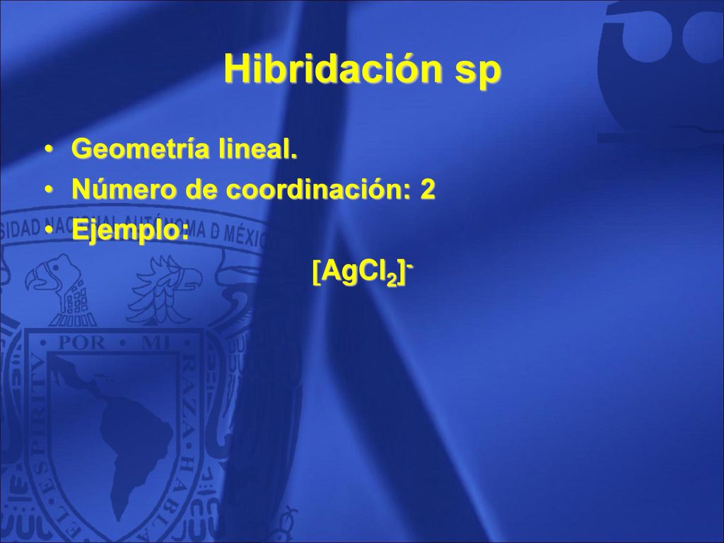 Hibridación sp Geometría lineal. Número de coordinación: 2 Ejemplo: