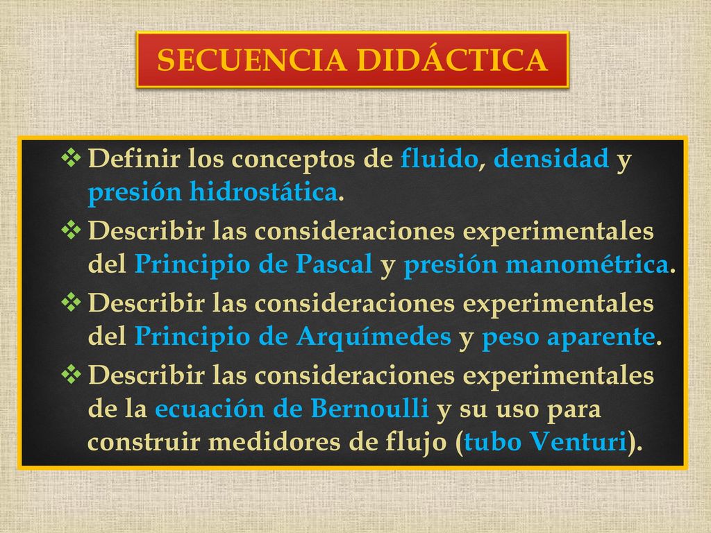 SECUENCIA DIDÁCTICA Definir los conceptos de fluido, densidad y presión hidrostática.
