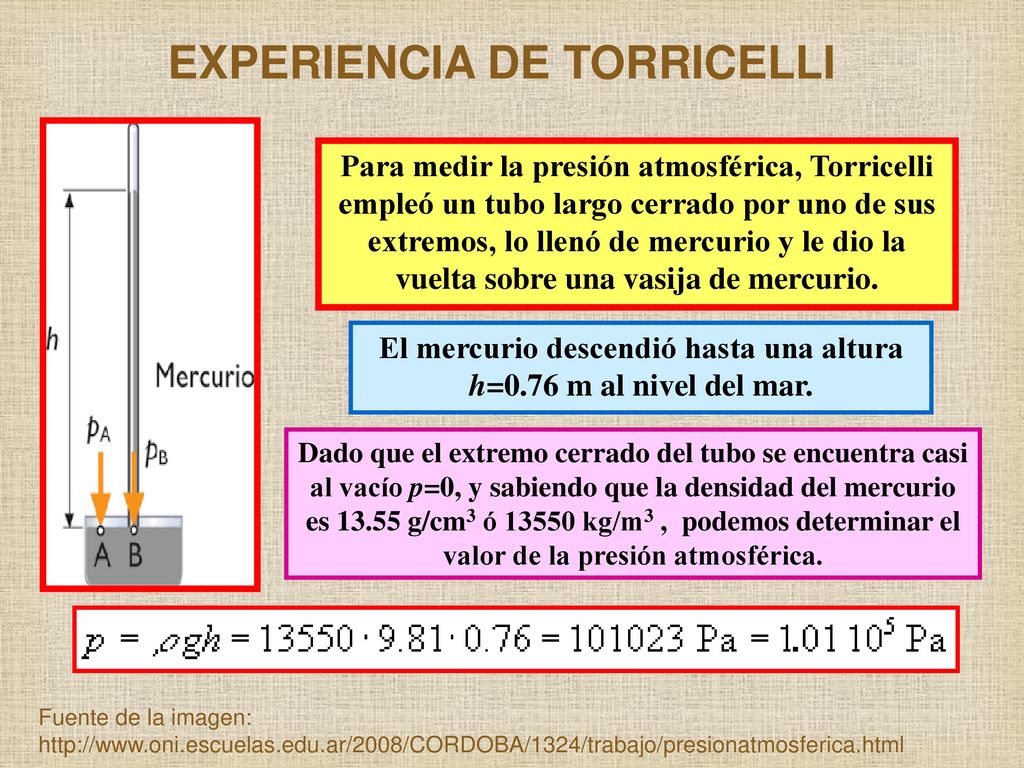 El mercurio descendió hasta una altura h=0.76 m al nivel del mar.