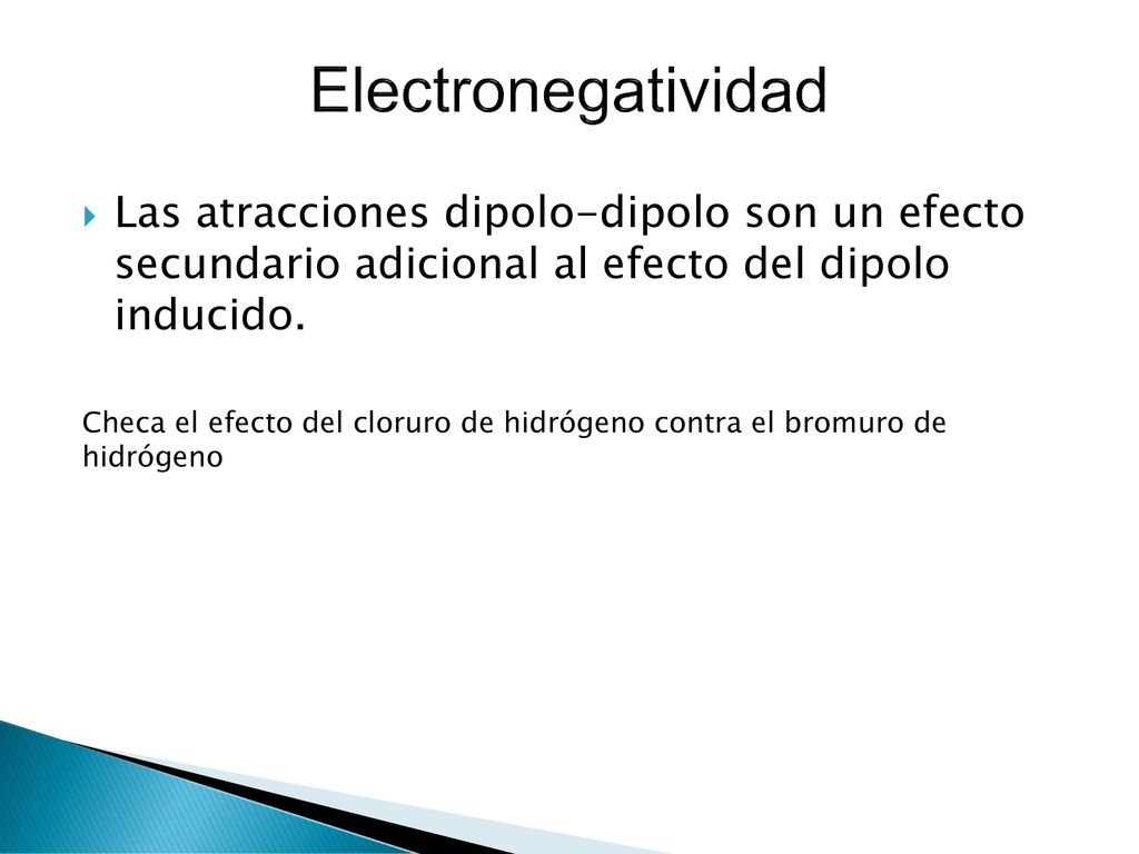 Electronegatividad Las atracciones dipolo-dipolo son un efecto secundario adicional al efecto del dipolo inducido.