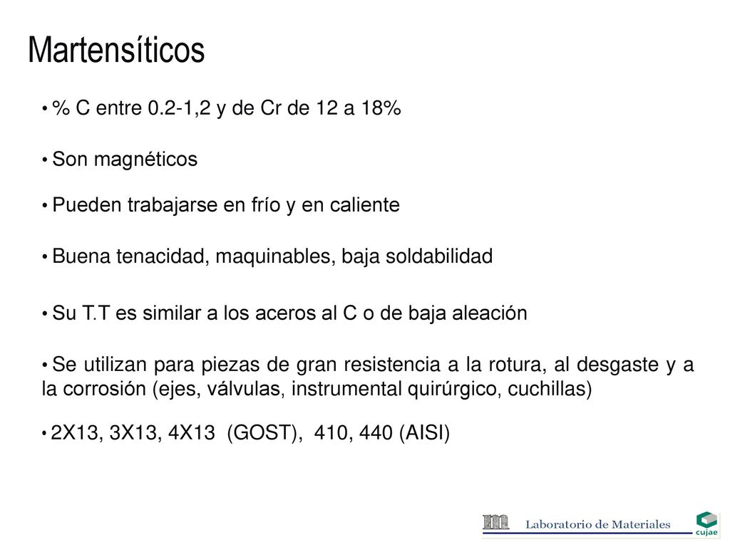 Martensíticos % C entre 0.2-1,2 y de Cr de 12 a 18% Son magnéticos