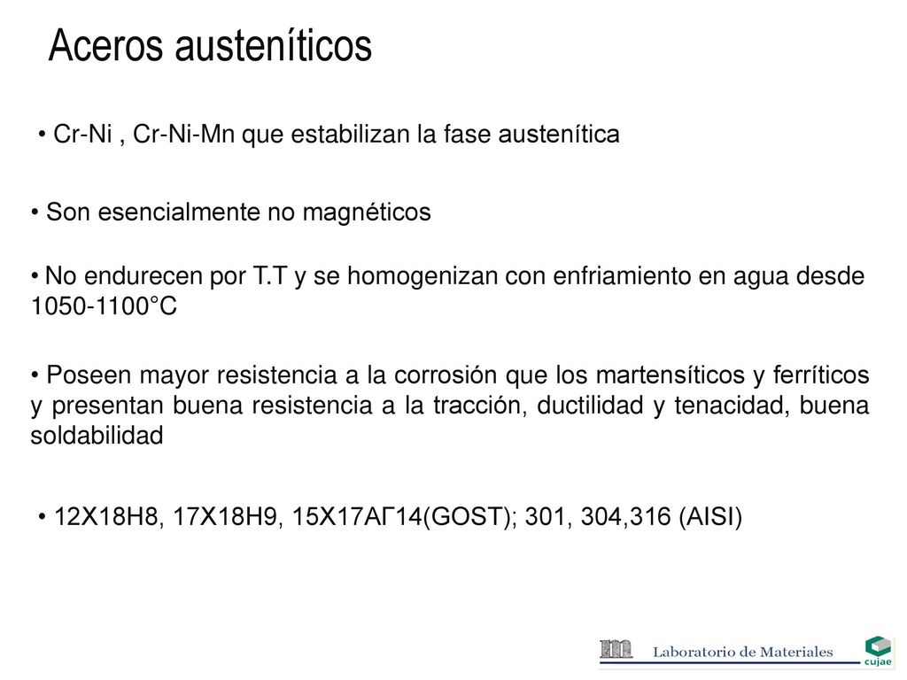 Aceros austeníticos Cr-Ni , Cr-Ni-Mn que estabilizan la fase austenítica. Son esencialmente no magnéticos.