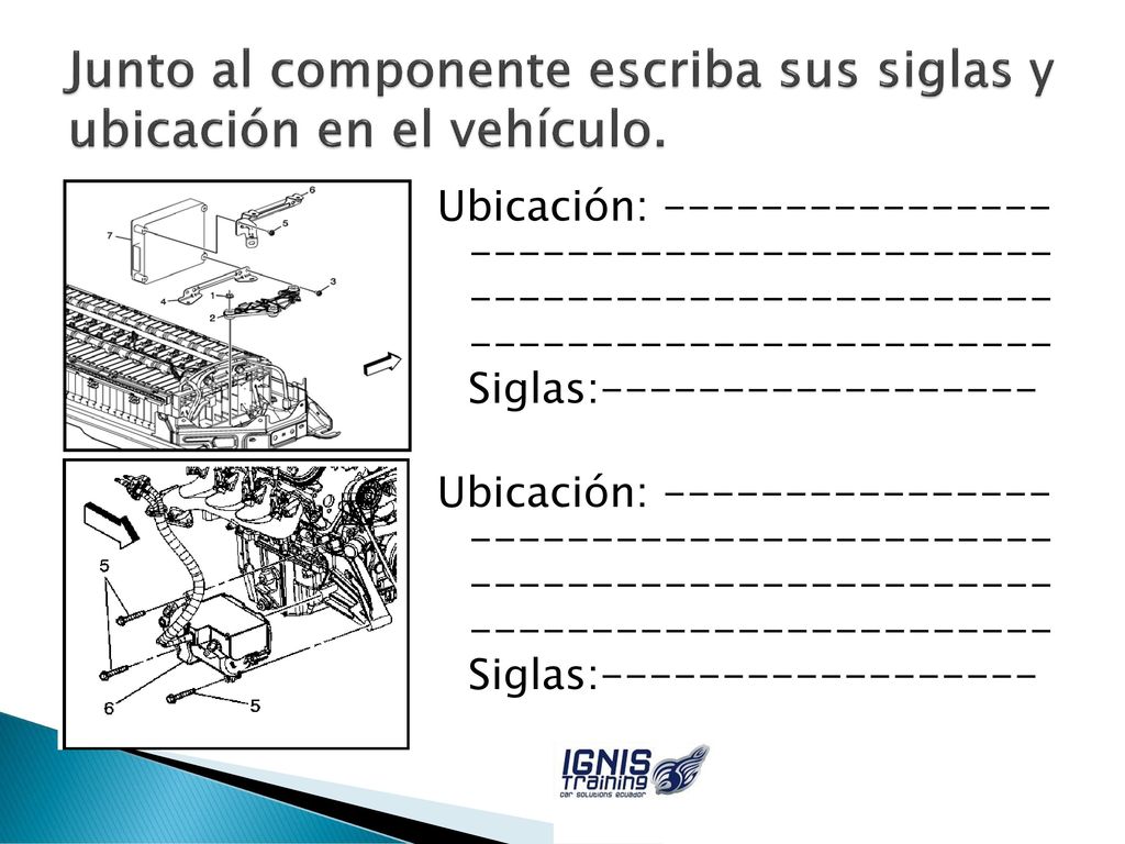 Junto al componente escriba sus siglas y ubicación en el vehículo.