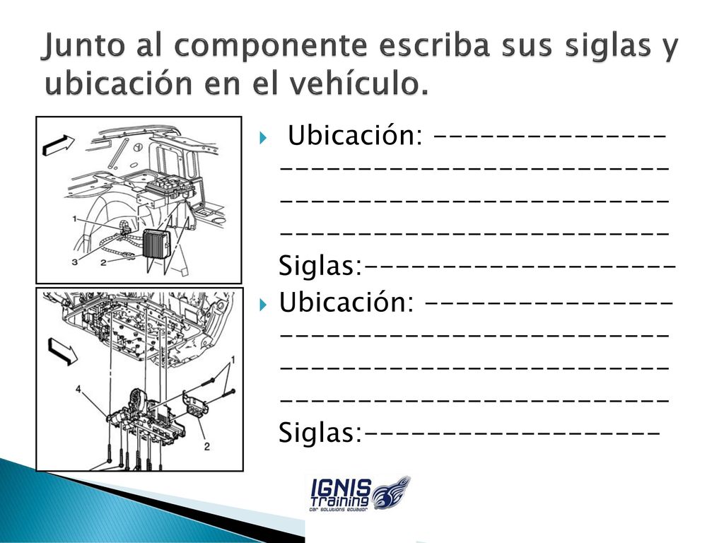 Junto al componente escriba sus siglas y ubicación en el vehículo.