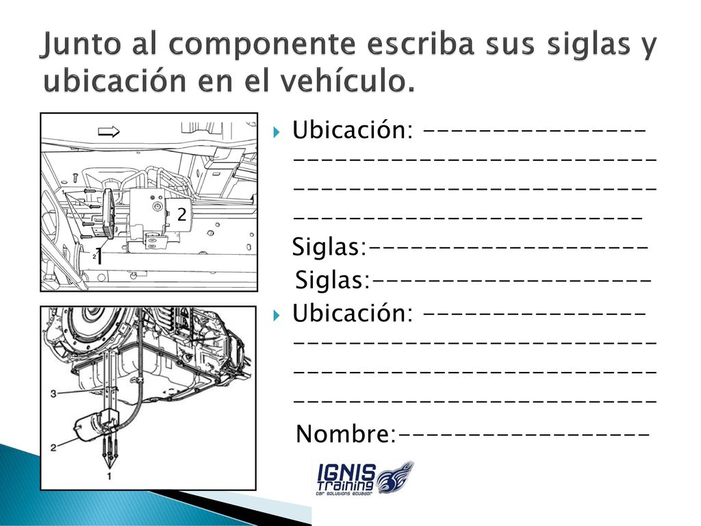 Junto al componente escriba sus siglas y ubicación en el vehículo.