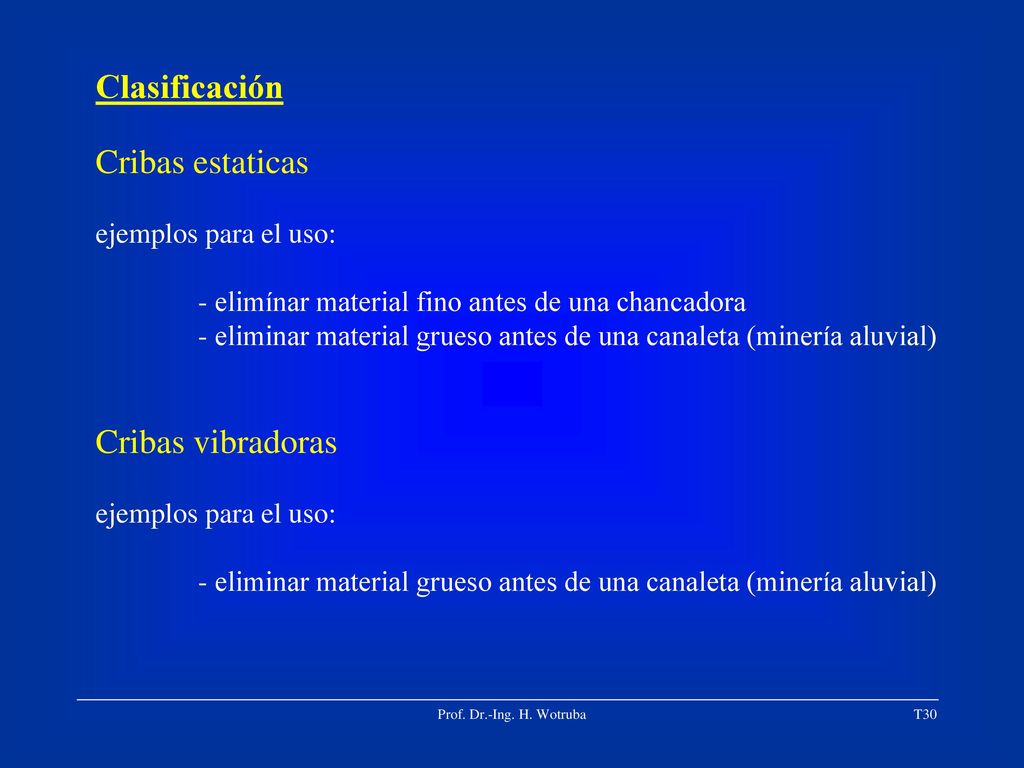 Clasificación Cribas estaticas Cribas vibradoras ejemplos para el uso: