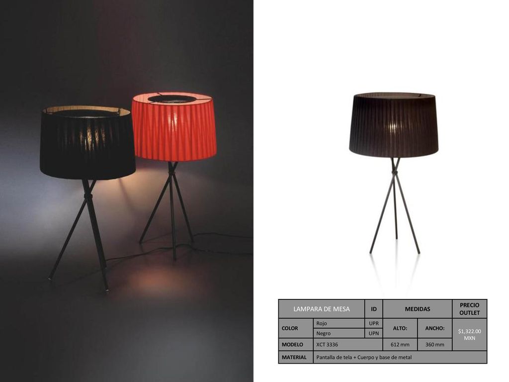 LAMPARA DE MESA ID MEDIDAS PRECIO OUTLET COLOR Rojo UPR ALTO: ANCHO: