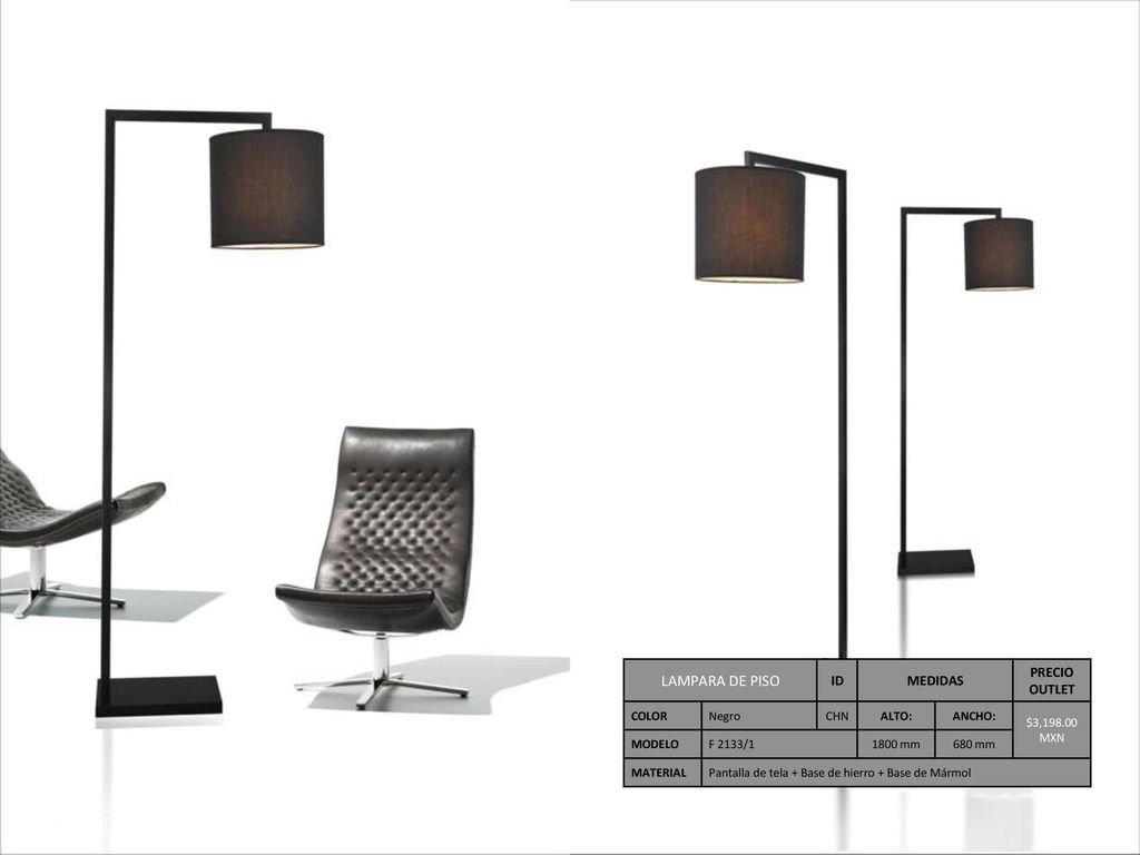 LAMPARA DE PISO ID MEDIDAS PRECIO OUTLET COLOR Negro CHN ALTO: ANCHO: