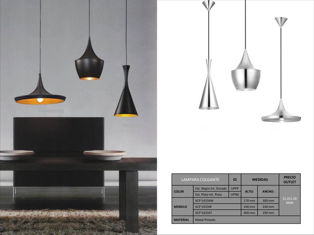 LAMPARA COLGANTE ID MEDIDAS PRECIO OUTLET COLOR Ext. Negro Int. Dorado