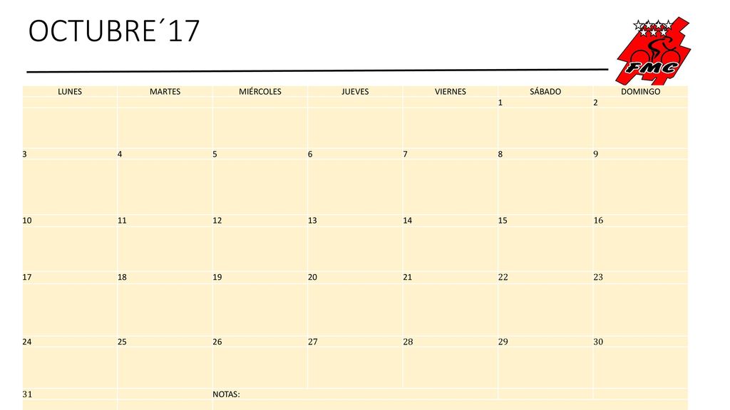 OCTUBRE´17 LUNES MARTES MIÉRCOLES JUEVES VIERNES SÁBADO DOMINGO 1 2 3