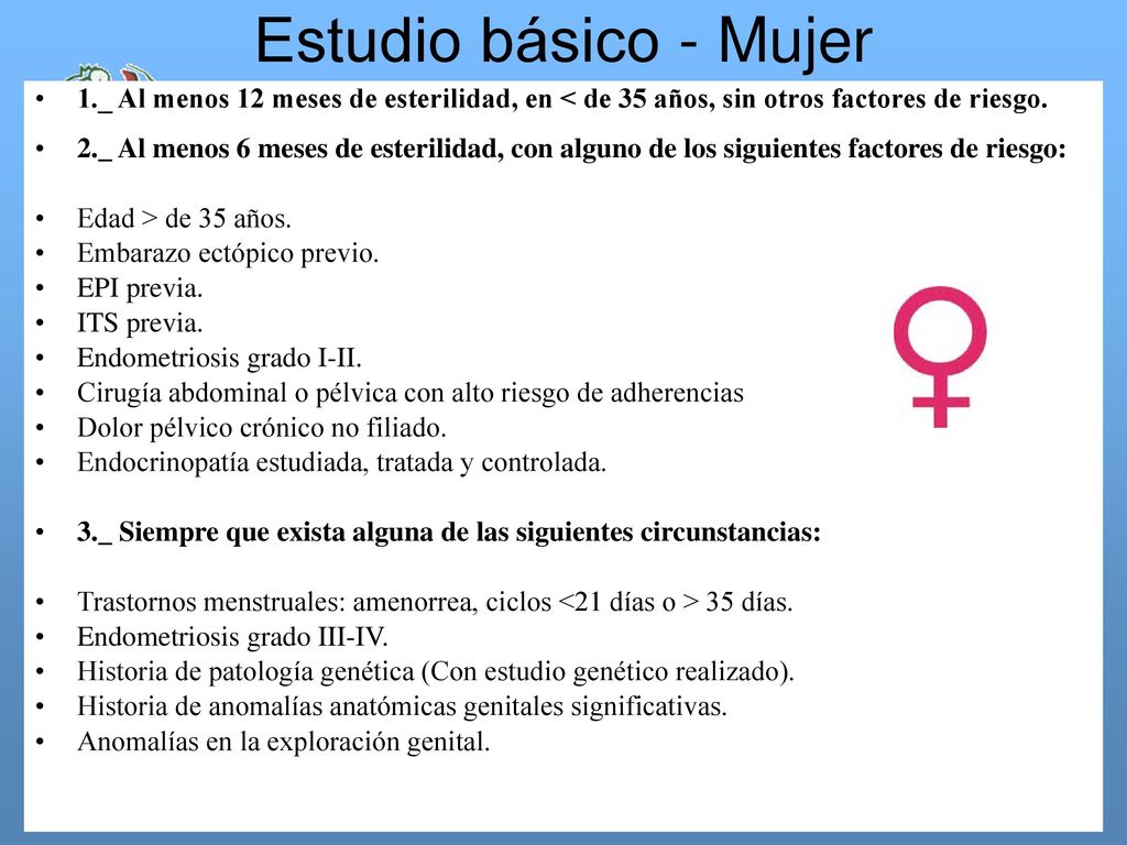 Estudio básico - Mujer 1._ Al menos 12 meses de esterilidad, en < de 35 años, sin otros factores de riesgo.