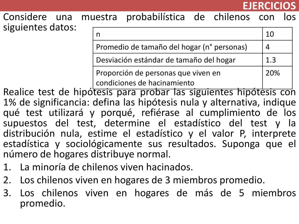 EJERCICIOS Considere una muestra probabilística de chilenos con los siguientes datos: