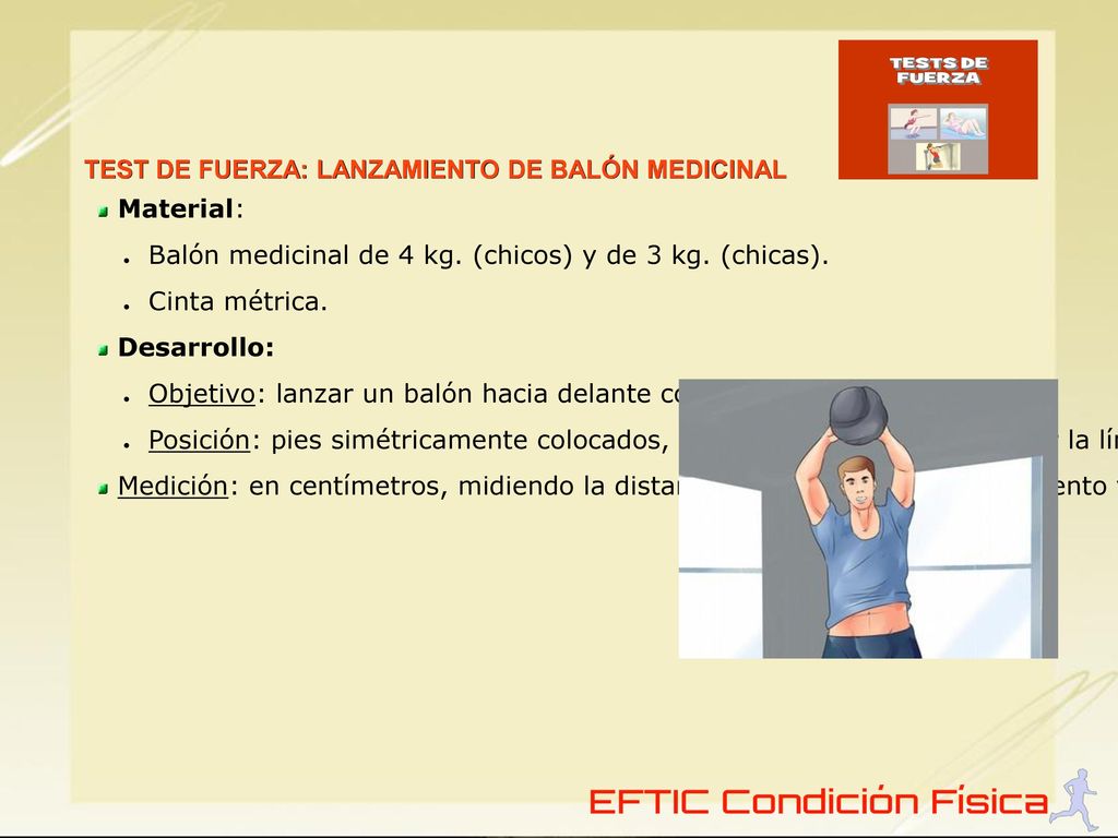 Material: Balón medicinal de 4 kg. (chicos) y de 3 kg. (chicas). Cinta métrica. Desarrollo: