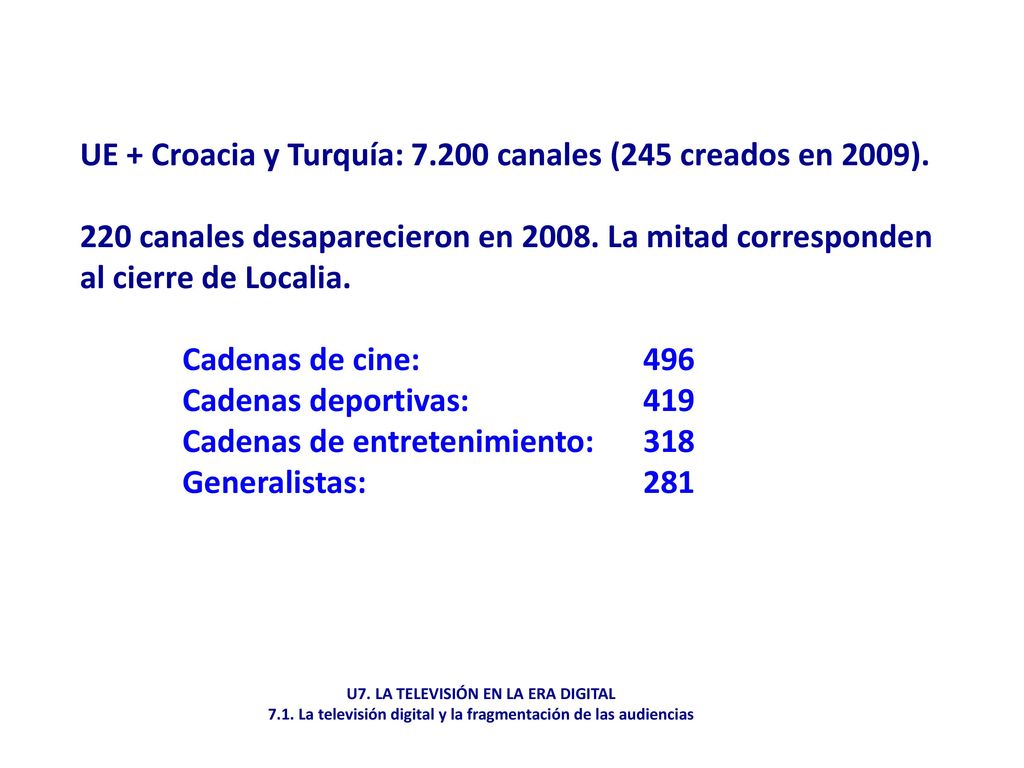 UE + Croacia y Turquía: canales (245 creados en 2009).