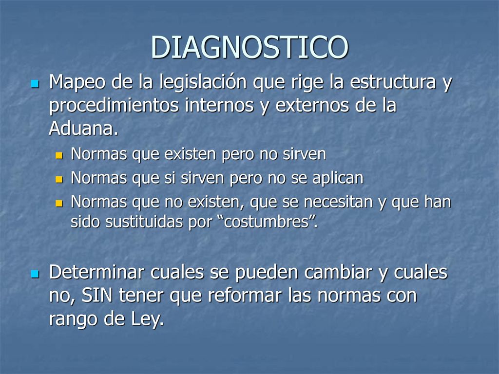 DIAGNOSTICO Mapeo de la legislación que rige la estructura y procedimientos internos y externos de la Aduana.