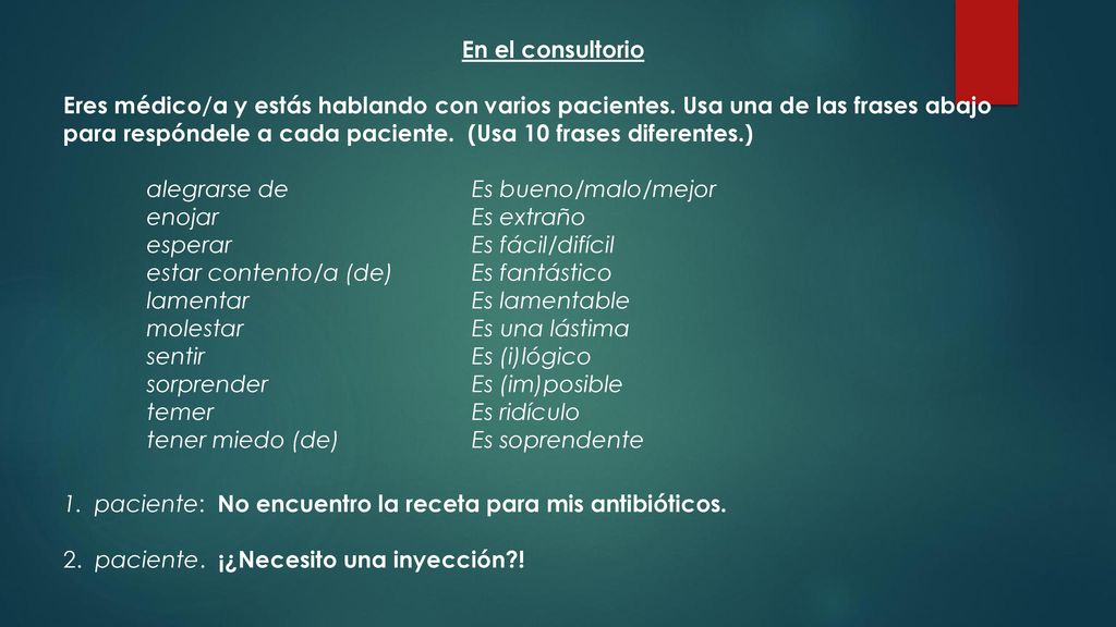En el consultorio Eres médico/a y estás hablando con varios pacientes. Usa una de las frases abajo.