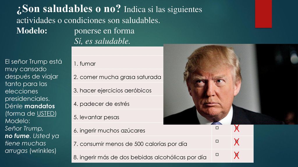 ¿Son saludables o no Indica si las siguientes actividades o condiciones son saludables. Modelo: ponerse en forma Sí, es saludable.