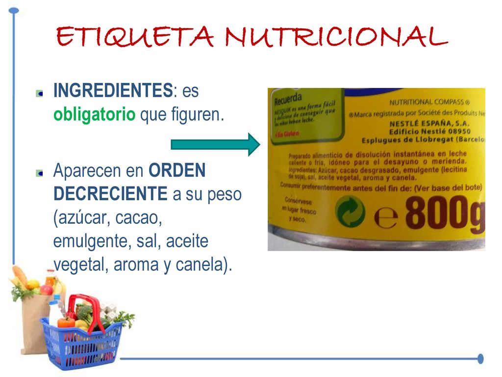 ETIQUETA NUTRICIONAL INGREDIENTES: es obligatorio que figuren.