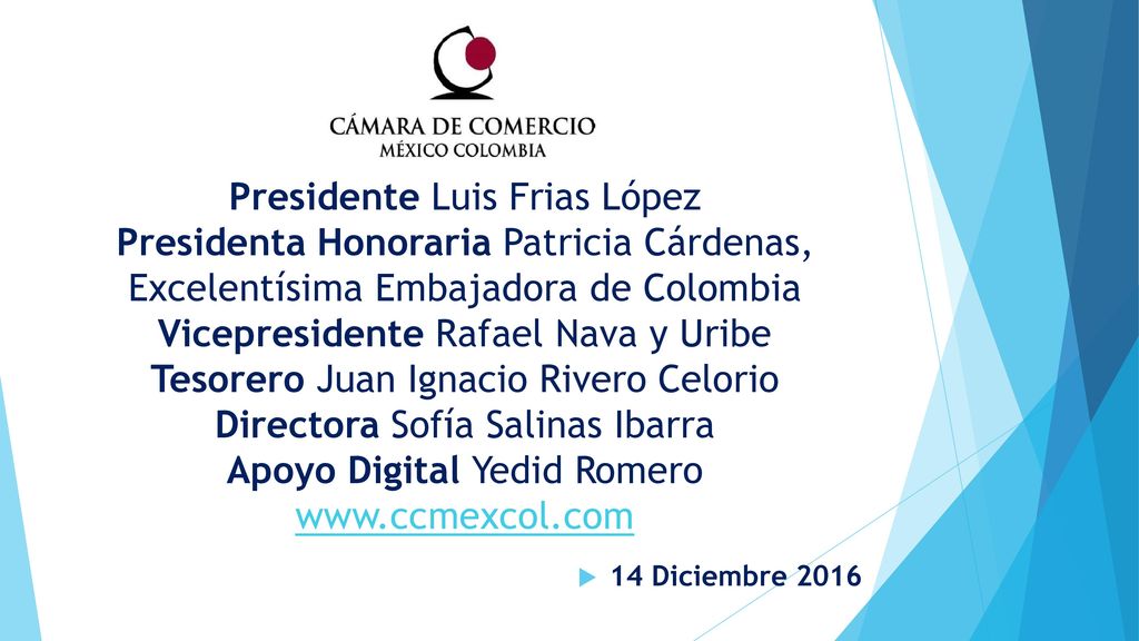 Presidente Luis Frias López Presidenta Honoraria Patricia Cárdenas, Excelentísima Embajadora de Colombia Vicepresidente Rafael Nava y Uribe Tesorero Juan Ignacio Rivero Celorio Directora Sofía Salinas Ibarra Apoyo Digital Yedid Romero