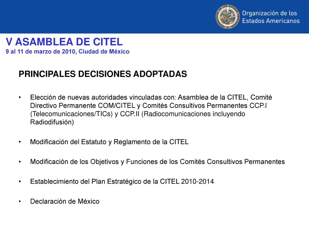 V ASAMBLEA DE CITEL 9 al 11 de marzo de 2010, Ciudad de México