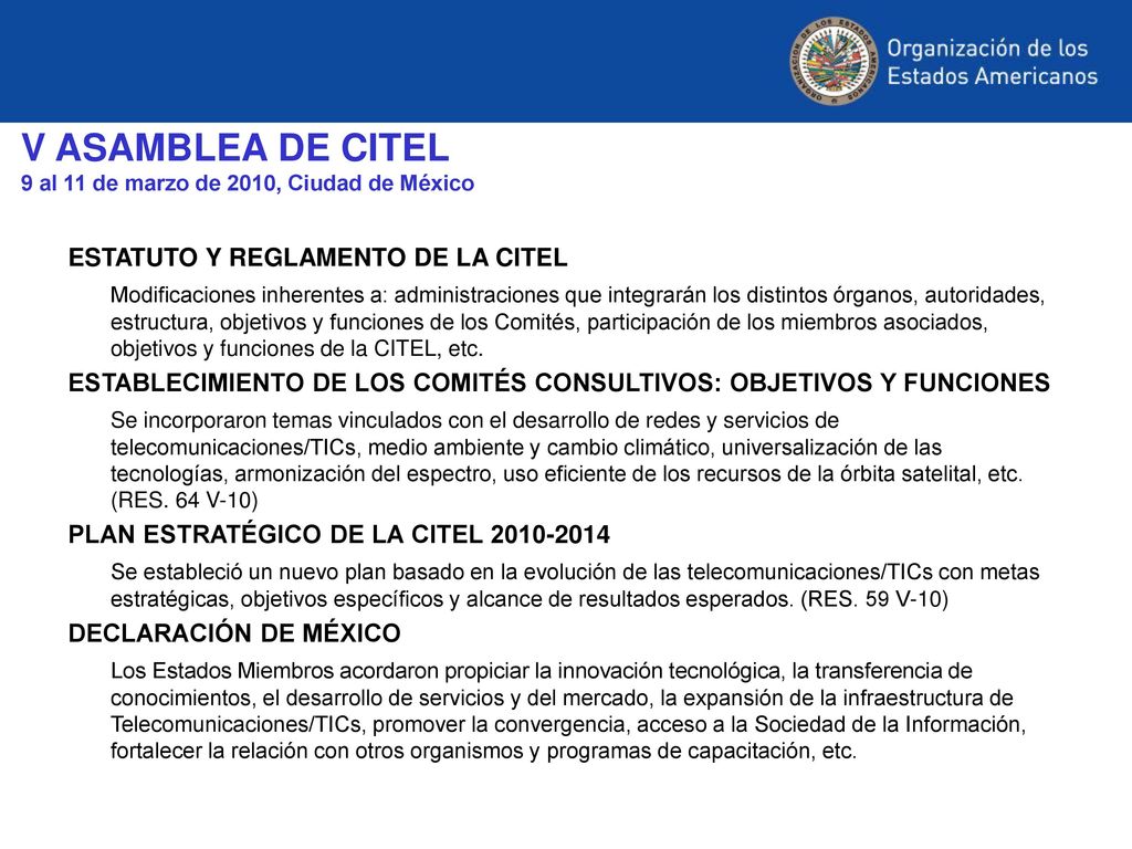 V ASAMBLEA DE CITEL 9 al 11 de marzo de 2010, Ciudad de México