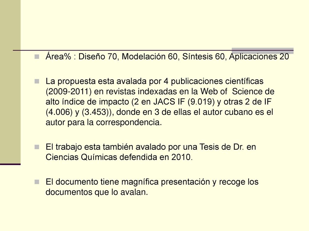 Área% : Diseño 70, Modelación 60, Síntesis 60, Aplicaciones 20