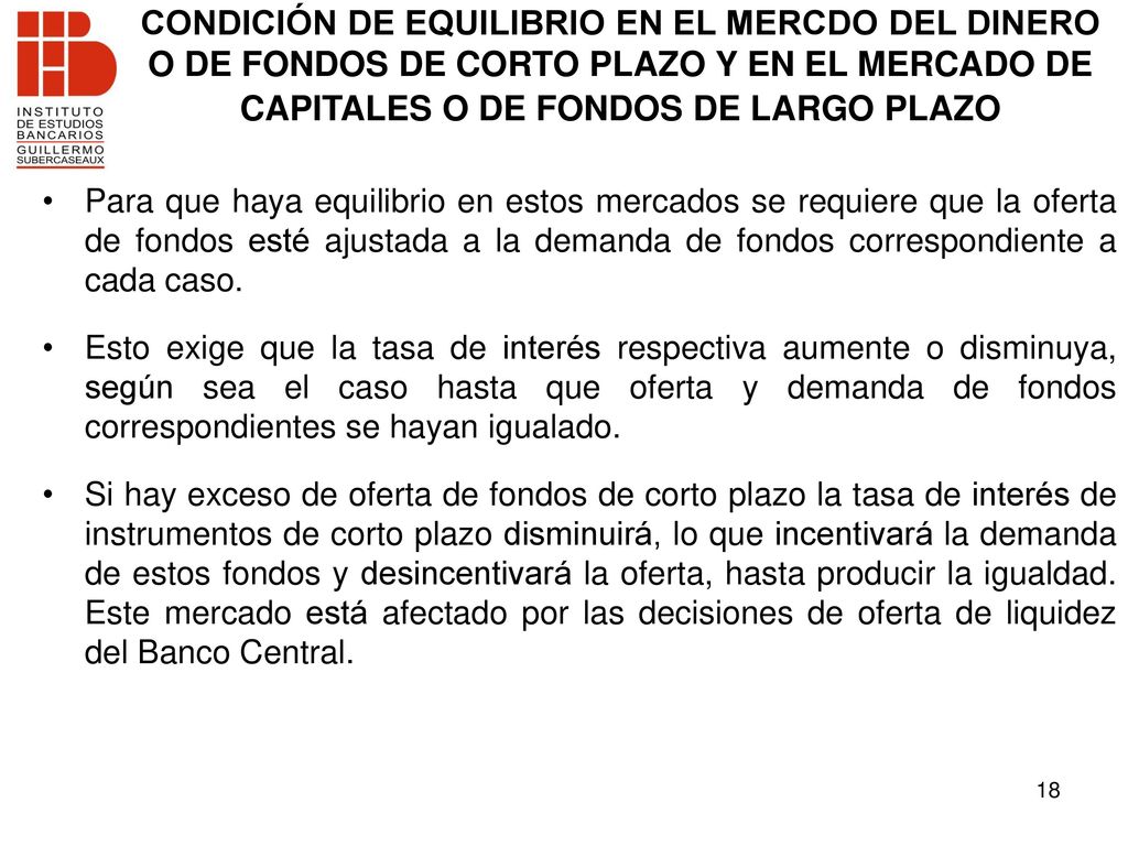 CONDICIÓN DE EQUILIBRIO EN EL MERCDO DEL DINERO O DE FONDOS DE CORTO PLAZO Y EN EL MERCADO DE CAPITALES O DE FONDOS DE LARGO PLAZO