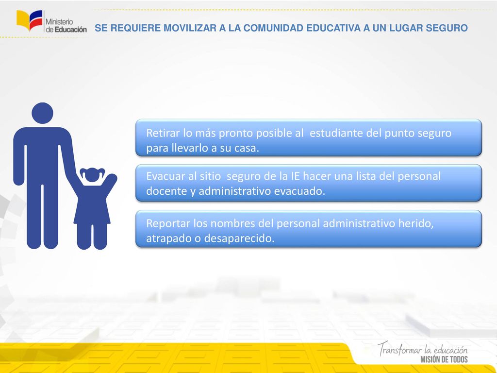 SE REQUIERE MOVILIZAR A LA COMUNIDAD EDUCATIVA A UN LUGAR SEGURO