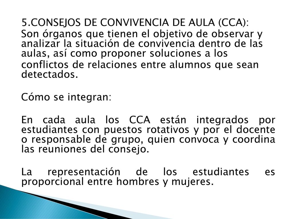 5.CONSEJOS DE CONVIVENCIA DE AULA (CCA): Son órganos que tienen el objetivo de observar y analizar la situación de convivencia dentro de las aulas, así como proponer soluciones a los conflictos de relaciones entre alumnos que sean detectados.