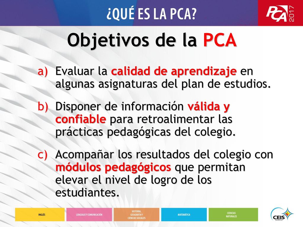 Objetivos de la PCA Evaluar la calidad de aprendizaje en algunas asignaturas del plan de estudios.