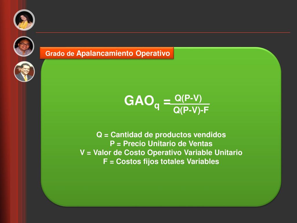 GAOq = Q(P-V) Q(P-V)-F Q = Cantidad de productos vendidos
