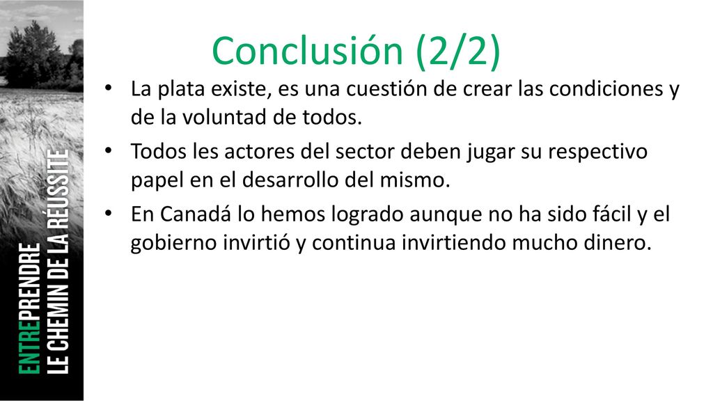 Conclusión (2/2) La plata existe, es una cuestión de crear las condiciones y de la voluntad de todos.
