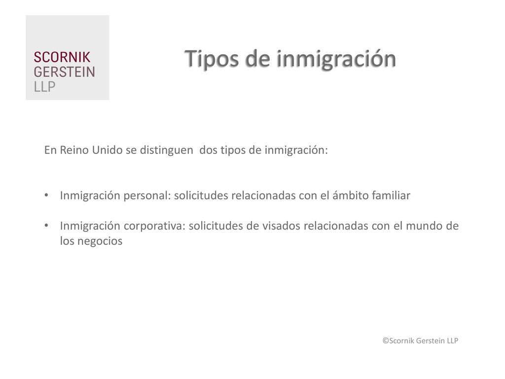 Tipos de inmigración En Reino Unido se distinguen dos tipos de inmigración: Inmigración personal: solicitudes relacionadas con el ámbito familiar.