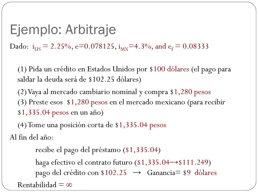 Ejemplo: Arbitraje Dado: iUS = 2.25%, e= , iMX=4.3%, and ef =