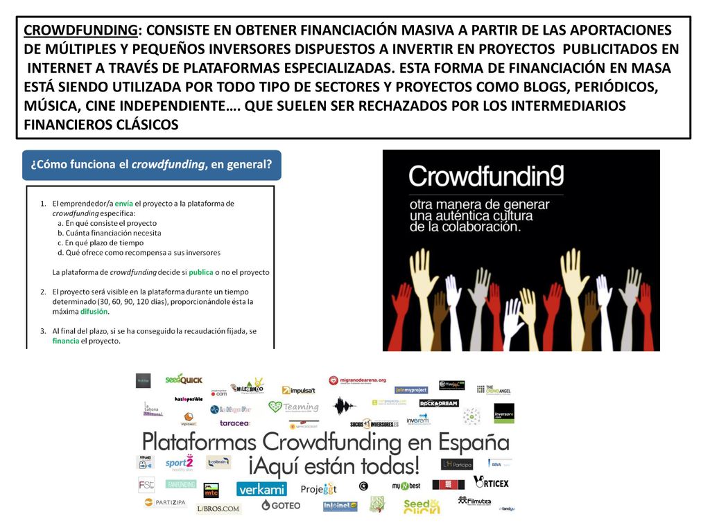 CROWDFUNDING: CONSISTE EN OBTENER FINANCIACIÓN MASIVA A PARTIR DE LAS APORTACIONES DE MÚLTIPLES Y PEQUEÑOS INVERSORES DISPUESTOS A INVERTIR EN PROYECTOS PUBLICITADOS EN