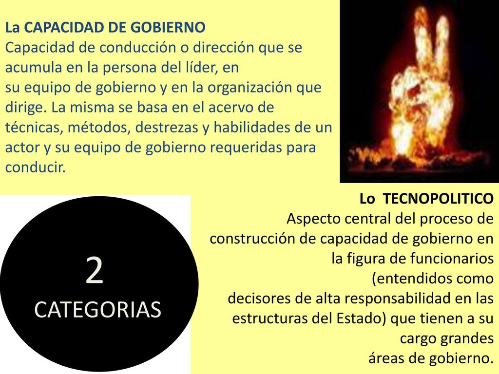 La CAPACIDAD DE GOBIERNO Capacidad de conducción o dirección que se acumula en la persona del líder, en su equipo de gobierno y en la organización que dirige. La misma se basa en el acervo de técnicas, métodos, destrezas y habilidades de un actor y su equipo de gobierno requeridas para conducir.
