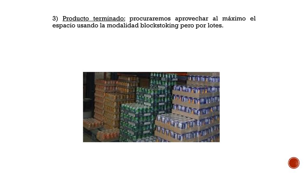 3) Producto terminado: procuraremos aprovechar al máximo el espacio usando la modalidad blockstoking pero por lotes.