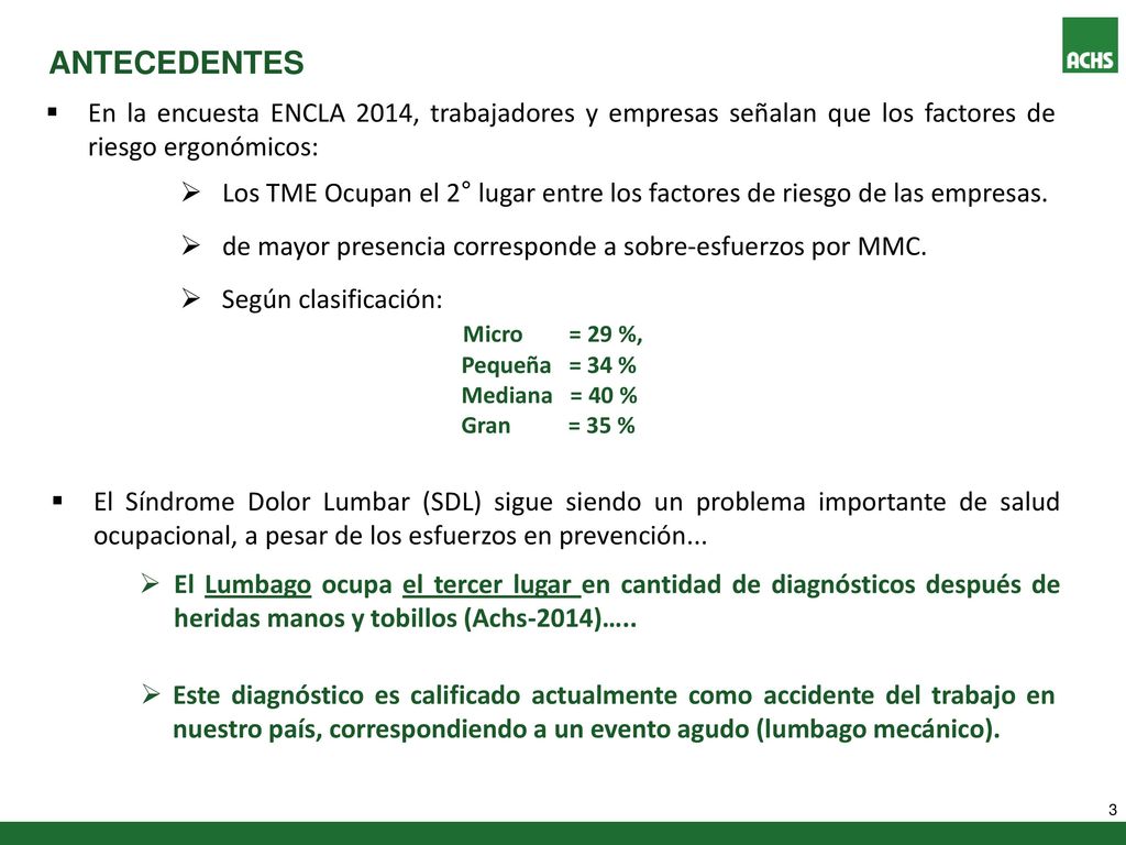 ANTECEDENTES En la encuesta ENCLA 2014, trabajadores y empresas señalan que los factores de riesgo ergonómicos: