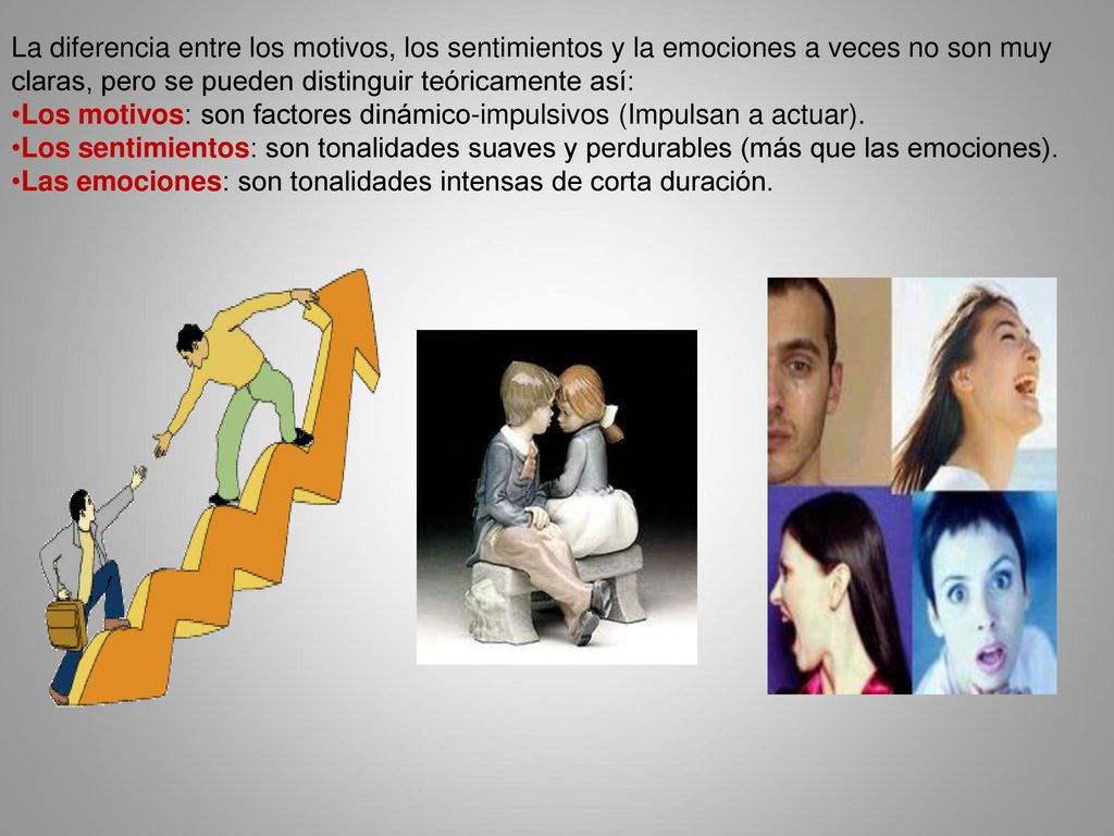 La diferencia entre los motivos, los sentimientos y la emociones a veces no son muy claras, pero se pueden distinguir teóricamente así: