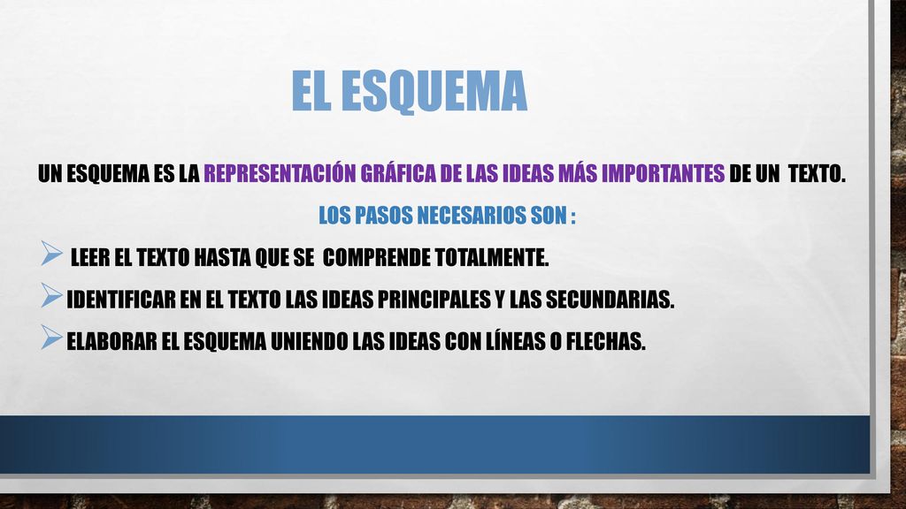 EL ESQUEMA UN ESQUEMA ES LA REPRESENTACIÓN GRÁFICA DE LAS IDEAS MÁS IMPORTANTES DE UN Texto. los pasos necesarios son :