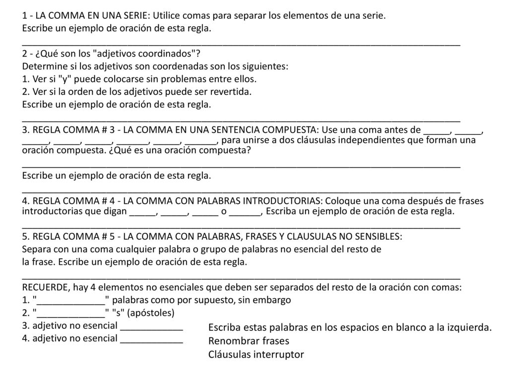 Escriba estas palabras en los espacios en blanco a la izquierda.
