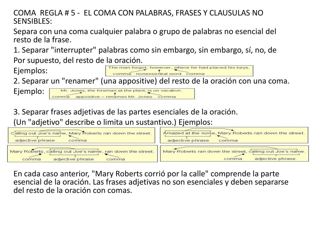 COMA REGLA # 5 - EL COMA CON PALABRAS, FRASES Y CLAUSULAS NO SENSIBLES: Separa con una coma cualquier palabra o grupo de palabras no esencial del resto de la frase.