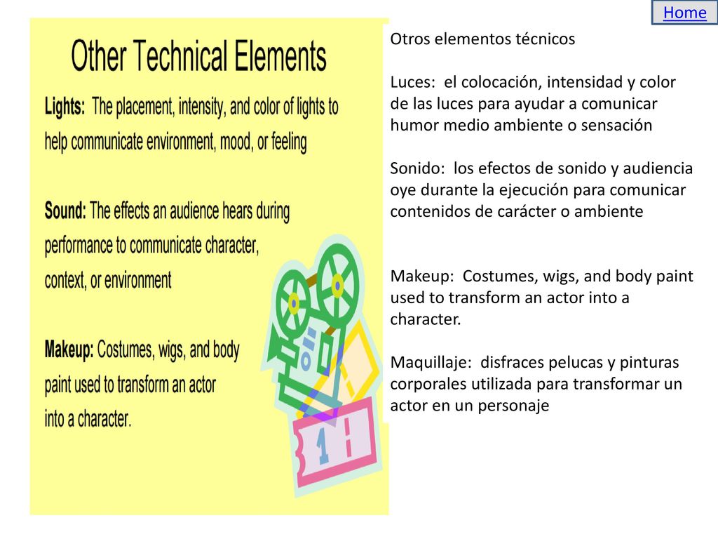 Home Otros elementos técnicos. Luces: el colocación, intensidad y color de las luces para ayudar a comunicar humor medio ambiente o sensación.