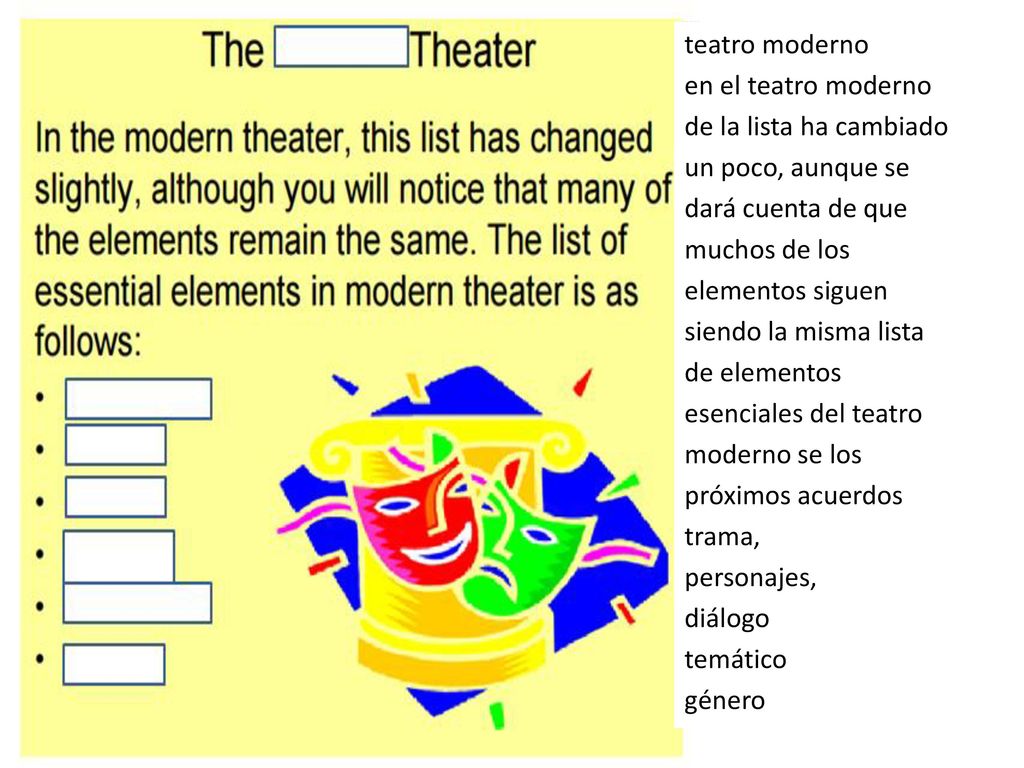 teatro moderno en el teatro moderno de la lista ha cambiado un poco, aunque se dará cuenta de que muchos de los elementos siguen siendo la misma lista de elementos esenciales del teatro moderno se los próximos acuerdos trama, personajes, diálogo temático género